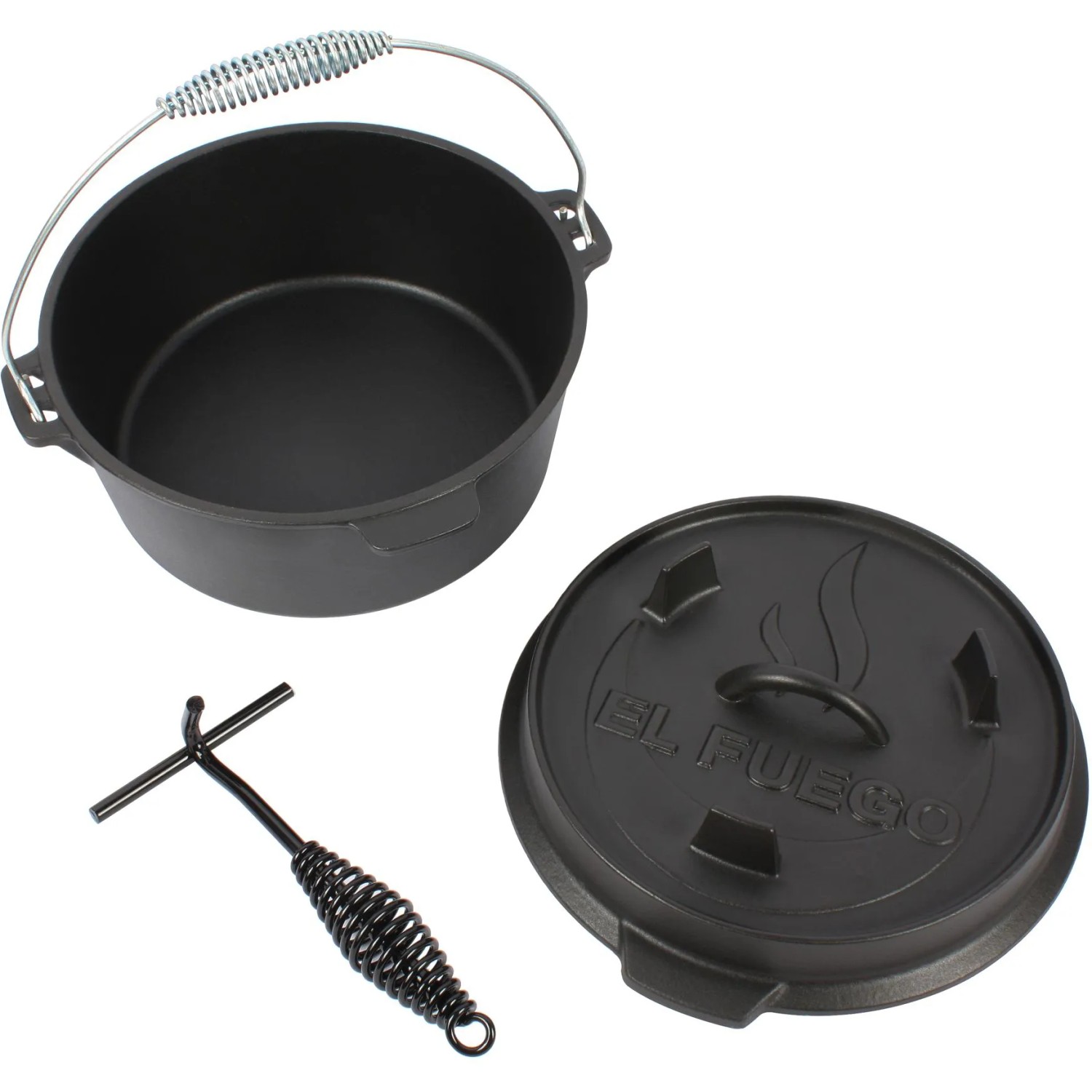 El Fuego Dutch Oven aus Gusseisen, 3,5 l Topf, 1 l Deckel, schwarz, mit Deckelheber.