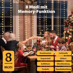 SALCAR 2x2m 200 LED Lichtervorhang als Weihnachtsdeko am Fenster, beleuchtet festliches Familienessen, 8 Modi.