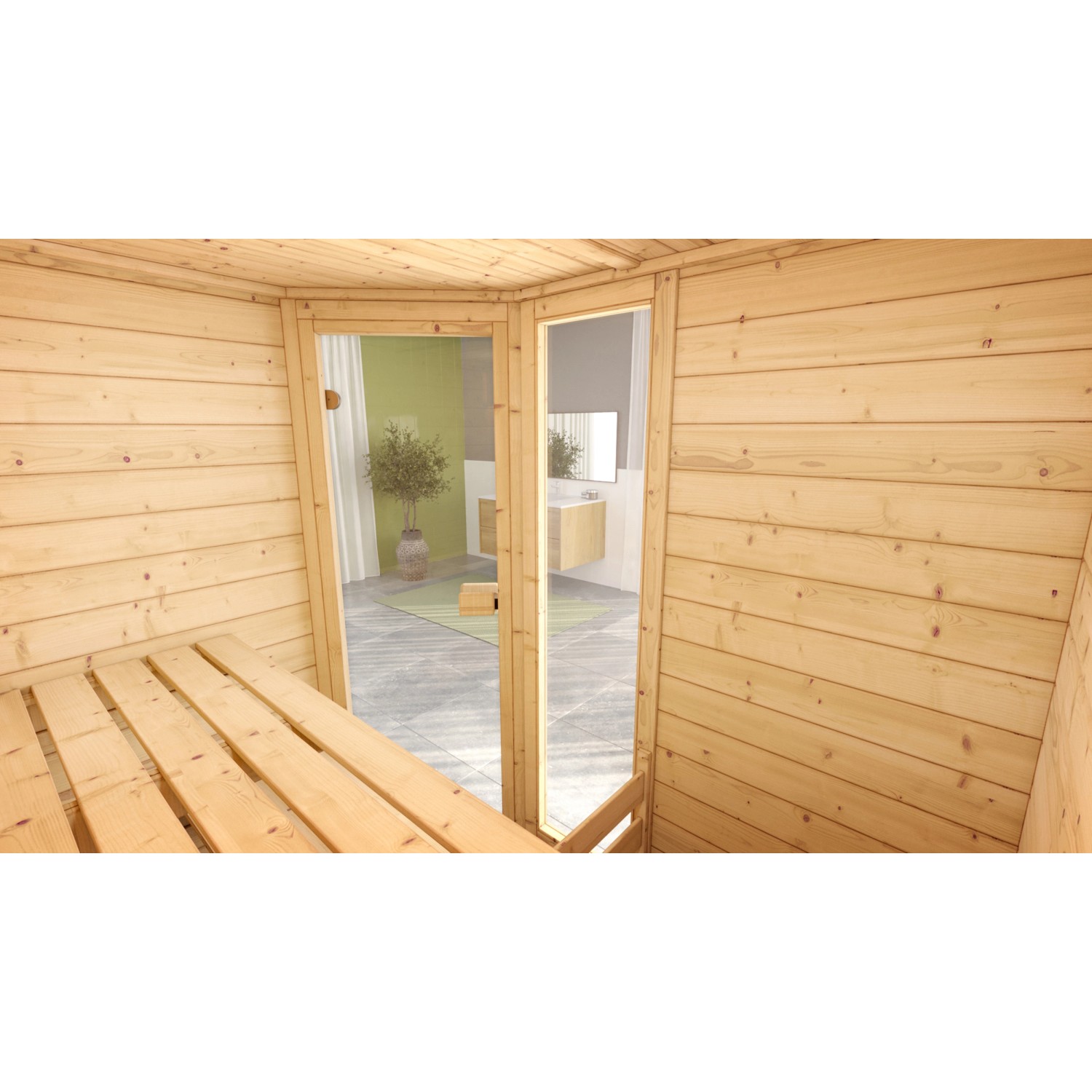 Weka Massivholzsauna Valida Eck mit Glastür, Innenansicht mit Liege und Ofen-Sparset.