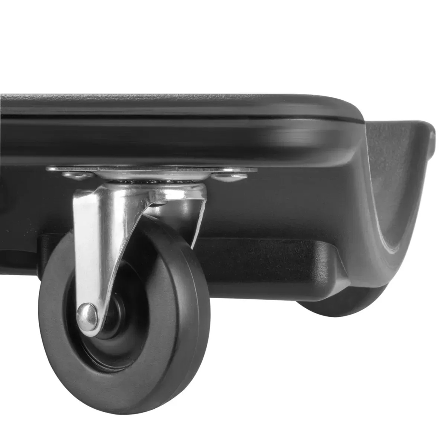 Detailaufnahme: Schwarzes STAHLWERK Kfz-Rollbrett mit Rollen. Ideal für Autoreparatur und Wartung.