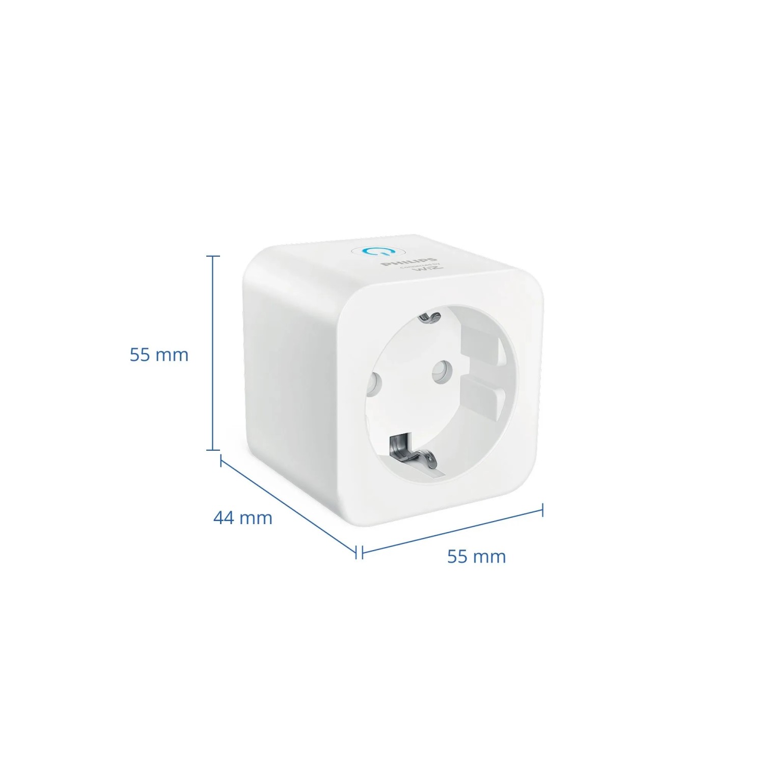 Weiße Philips Smart Steckdose Typ F mit Energieverbrauchsmessung, 55x44x55 mm. Matter-kompatibel für Smart Home.