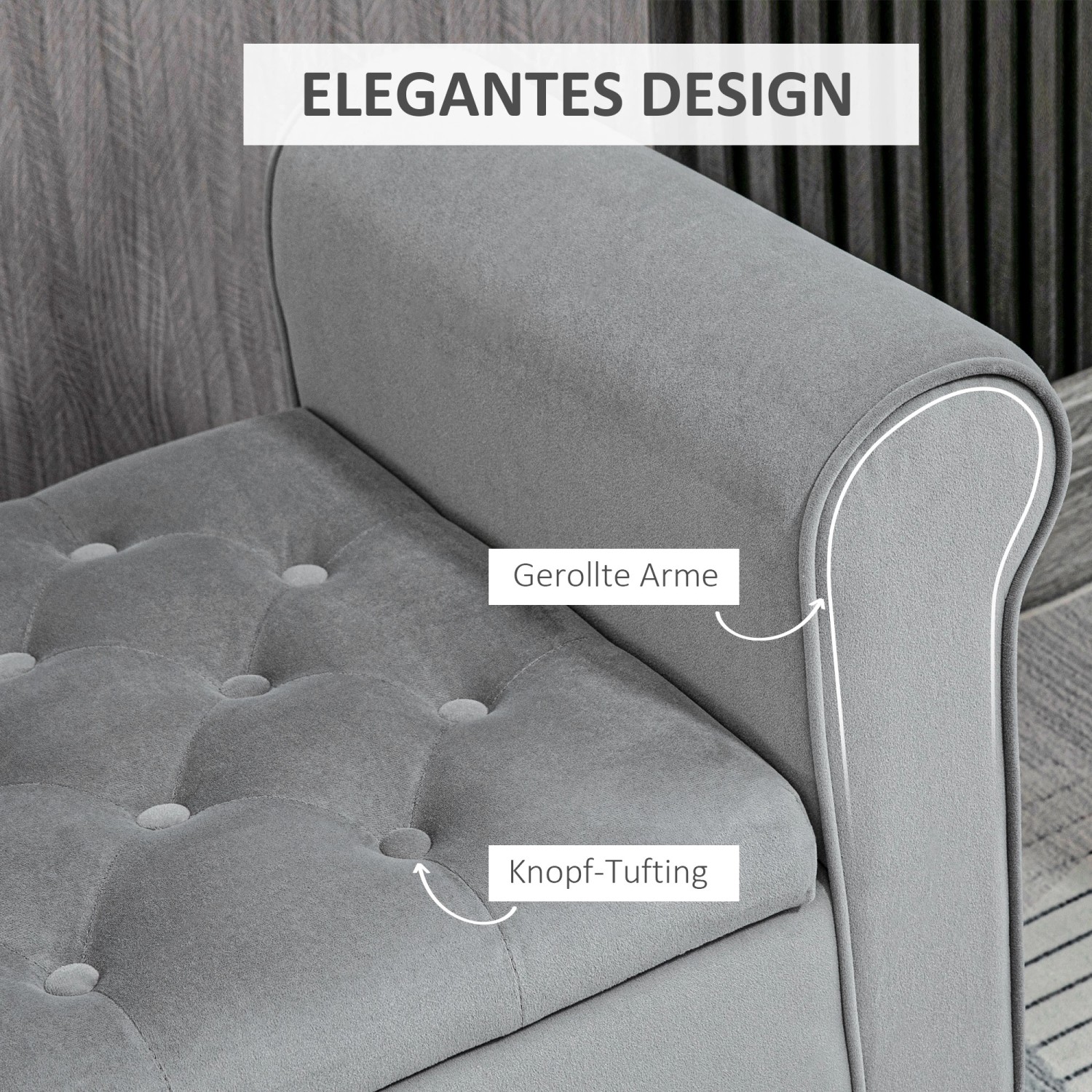 Detailansicht: Graue HOMCOM Polsterbank mit Knopfheftung und gerollten Armlehnen.