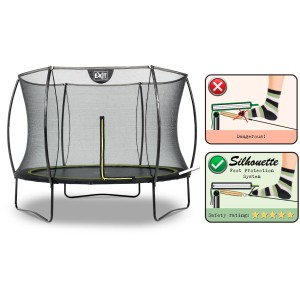 Schwarzes EXIT Silhouette Trampolin (D244cm) mit Sicherheitsnetz und Fußschutzsystem.