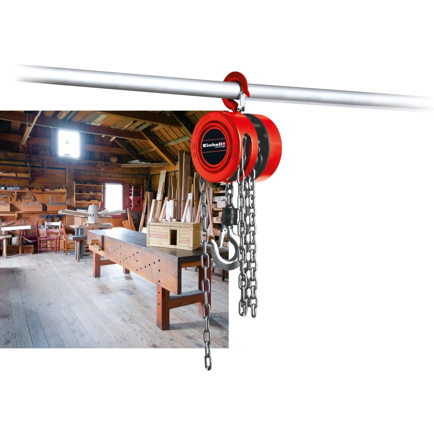 Einhell Kettenflaschenzug TC-CH 1000, rot, mit Kette und Haken in Werkstatt.