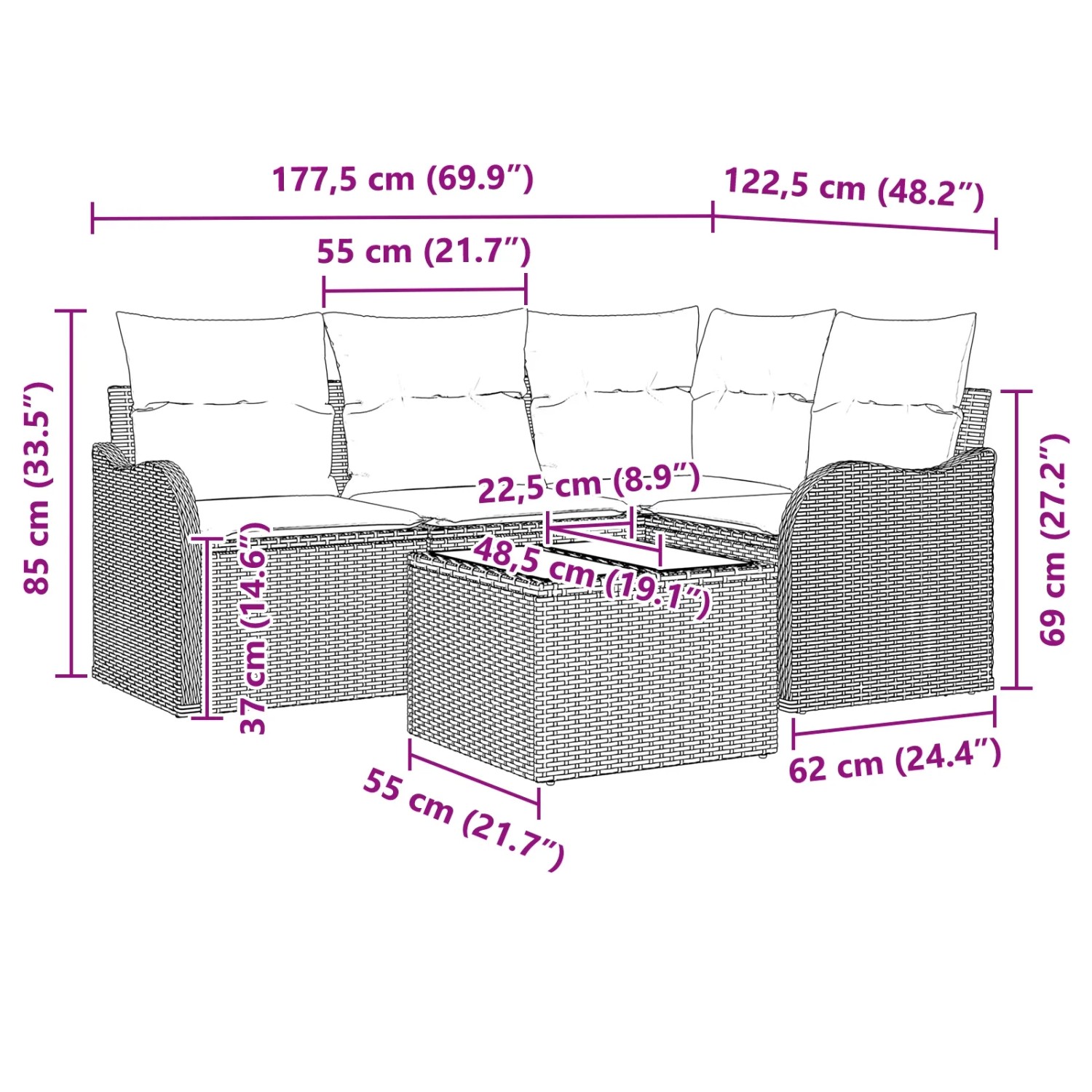 Beiges 5-tlg. Garten-Sofa-Set mit Kissen und Tisch aus Polyrattan. Ideal für Terrasse und Garten.