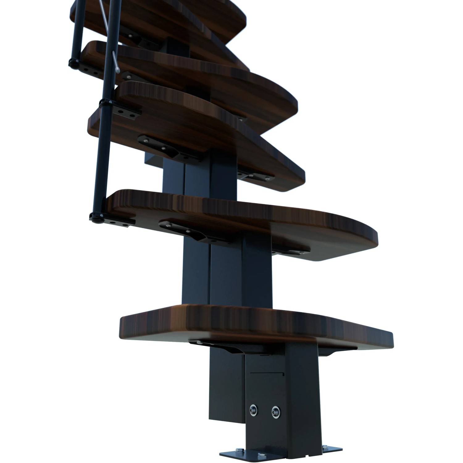 Minka Raumspartreppe Quatro in Walnuss/Schwarz, Detailansicht der Holzstufen und Metallkonstruktion.