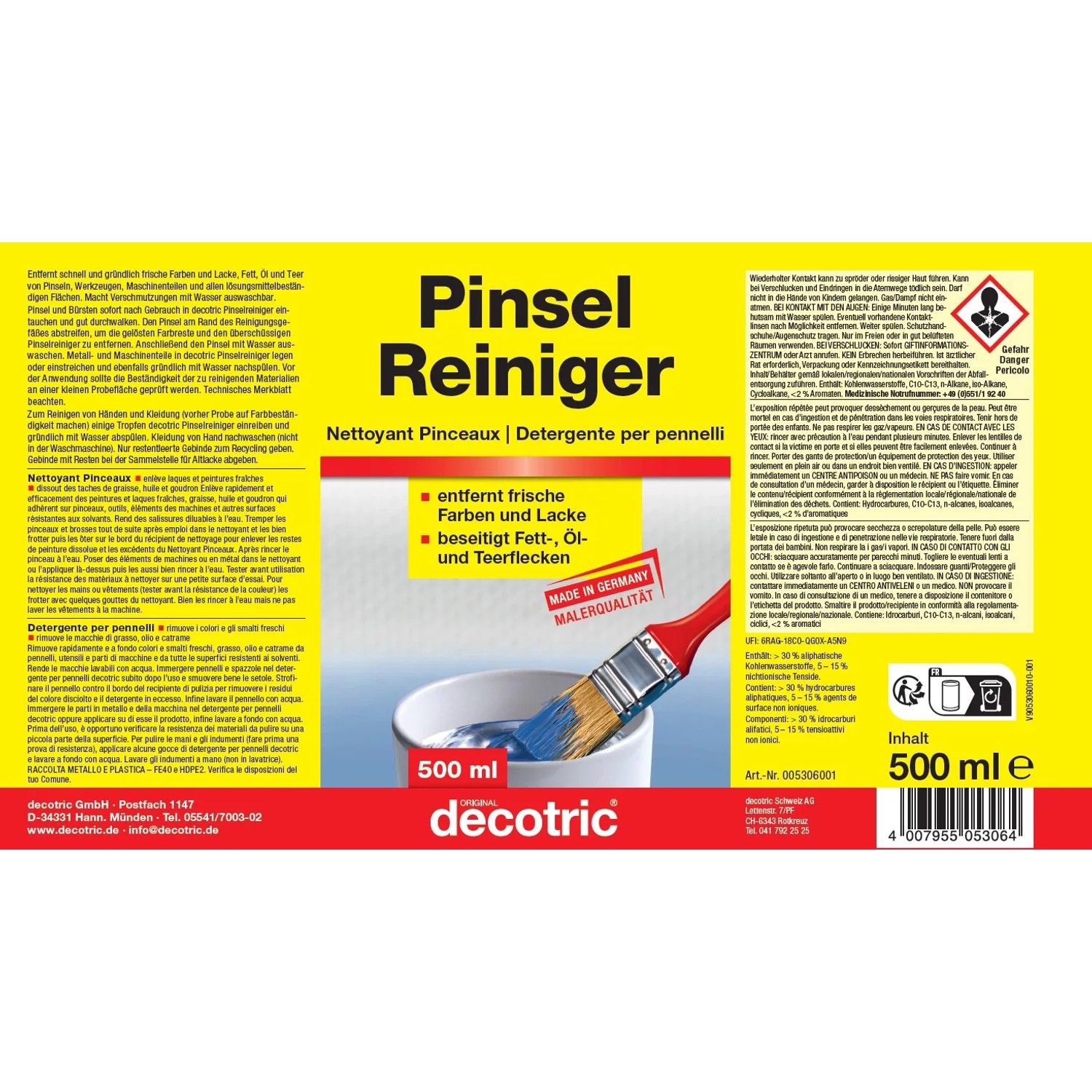 Decotric Pinselreiniger 500ml: Reiniger für Pinsel, entfernt Farbe, Lack, Öl und Teer.