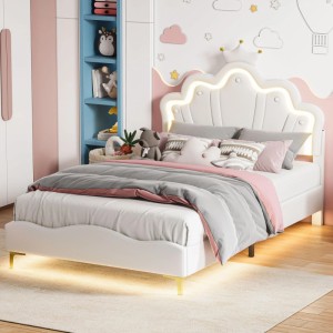 PXloue Kinderbett 140x190 cm PU-Polsterbett Jugendbett mit LED Jugendbett Verstellbarem Kopfteil Weiß