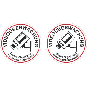 2 runde Aufkleber Videoüberwachung, Ø 6cm, zur Kennzeichnung.