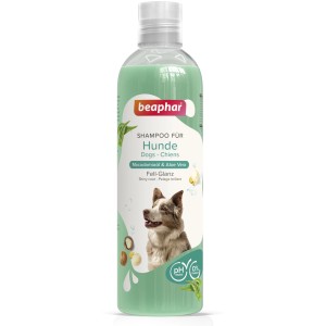 Beaphar Hundeshampoo Fellglanz, 250ml Flasche mit Hundeabbildung.