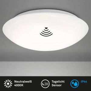 Weiße Brilo LED Deckenleuchte Elipso mit Bewegungsmelder, 38x7cm. Ideal für Bad und Flur.