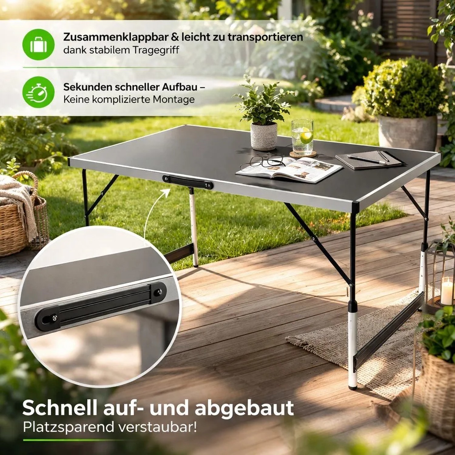 BigDean Klapptisch, höhenverstellbar, 100x60cm, ideal für Camping, Garten und Markt.