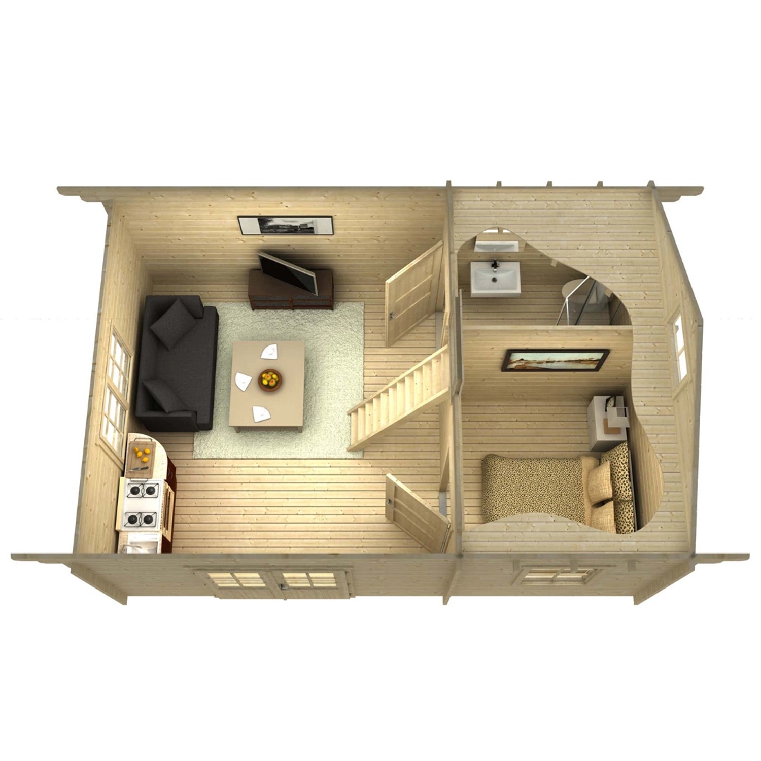 Grundriss Alpholz Gartenhaus Arizona mit Wohn-, Schlafbereich und Treppe zum Schlafboden.