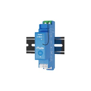 Blaues Shelly Relaismodul Wave 1 Pro zur Hausautomation, 16A, für DIN-Schienenmontage.