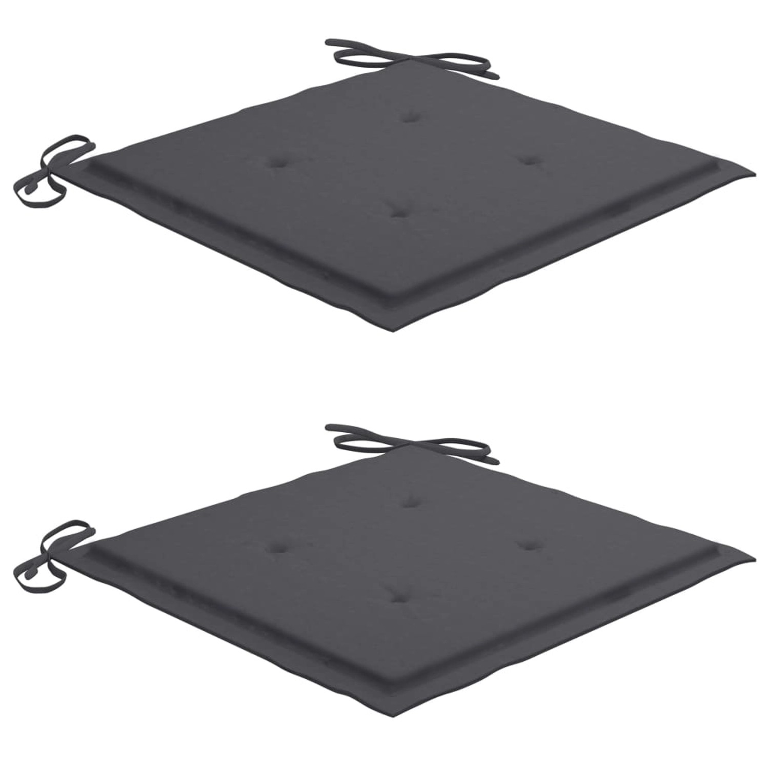 2 anthrazitfarbene Kissen für Gartenmöbel, quadratisch mit Bindebändern.