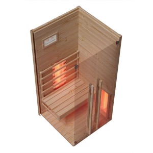 Eilo Infrarotkabine EL 101 aus Fichte, Innenansicht mit Sitzbank und Infrarotstrahler.