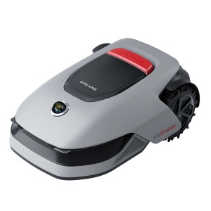 Dreame Mähroboter A1 Pro: Grauer Rasenroboter mit "STOP" Taste und Offroad-Reifen.