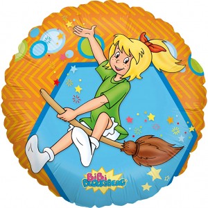 Runder Bibi Blocksberg Folienballon (Ø 45cm) mit Besen-Motiv für Party und als Geschenk.