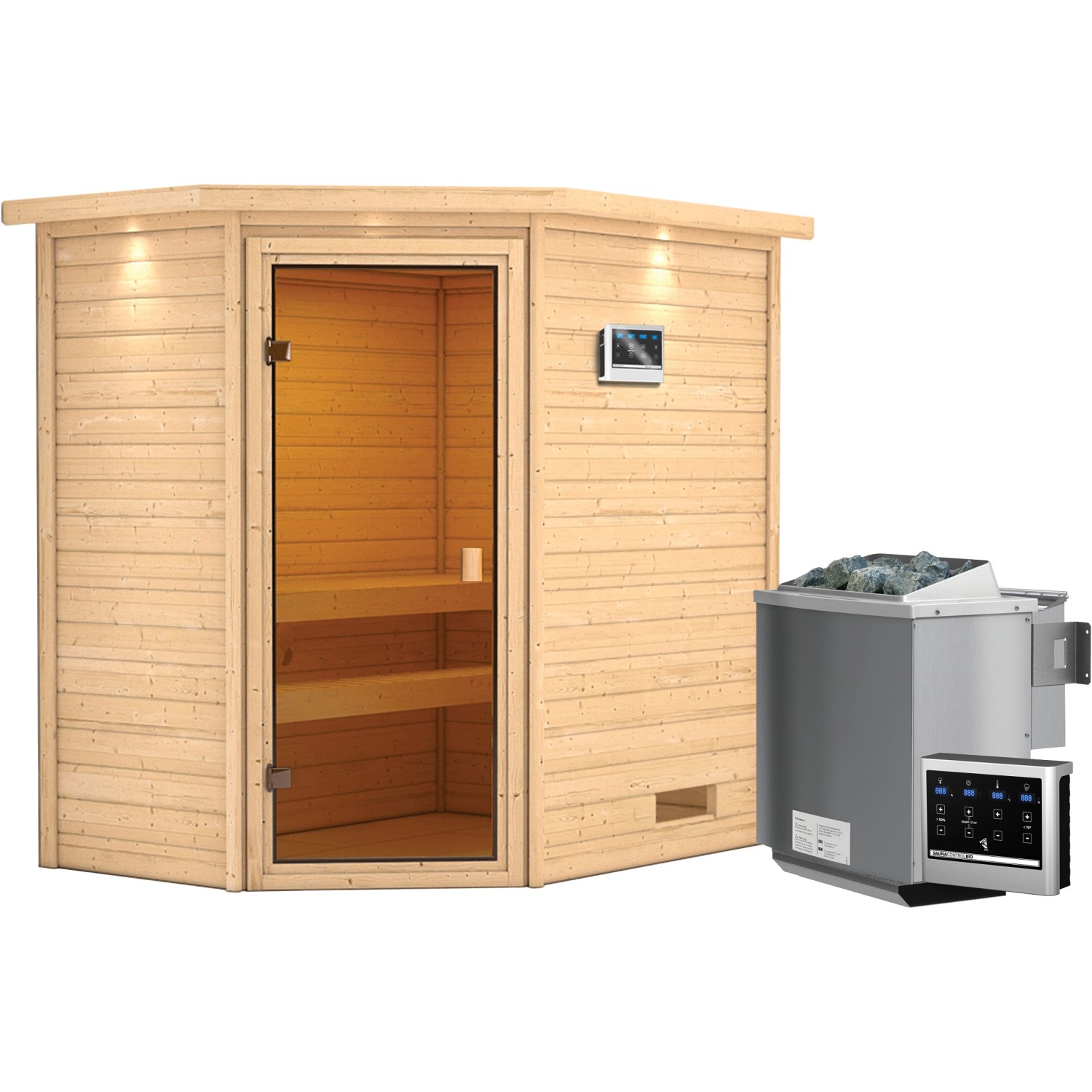 Woodfeeling Sauna Jella inkl. 9 kW Bio-Ofen mit ext. Strg., LED-Dachkranz