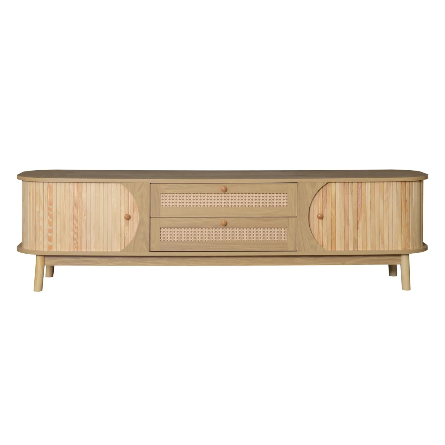 PXloue TV Lowboard Wohnzimmerschrank aus Massivholz mit Rattan Türen und Schubladen 170 x 40 x 46 cm