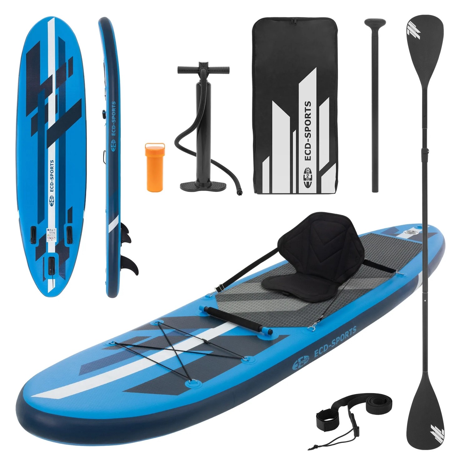 Blaues ECD Germany Stand Up Paddle Board mit Kajaksitz, Paddel, Pumpe und Zubehör.