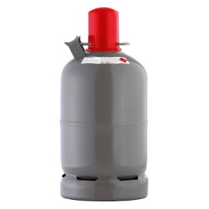 Graue 5 kg Propan Gasflasche von WestfalenGas mit roter Schutzkappe.