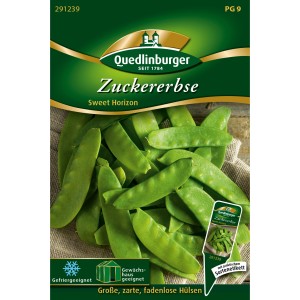 Quedlinburger Zuckererbsen Sweet Horizon Saatgut mit grünen, zarten Erbsenschoten.