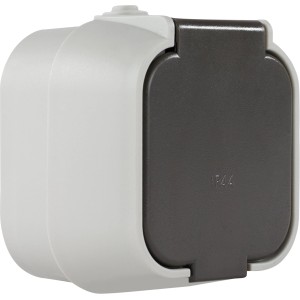 REV Ritter Feuchtraum-Steckdose, 1-fach, Aufputz, IP44, grau mit Klappdeckel.