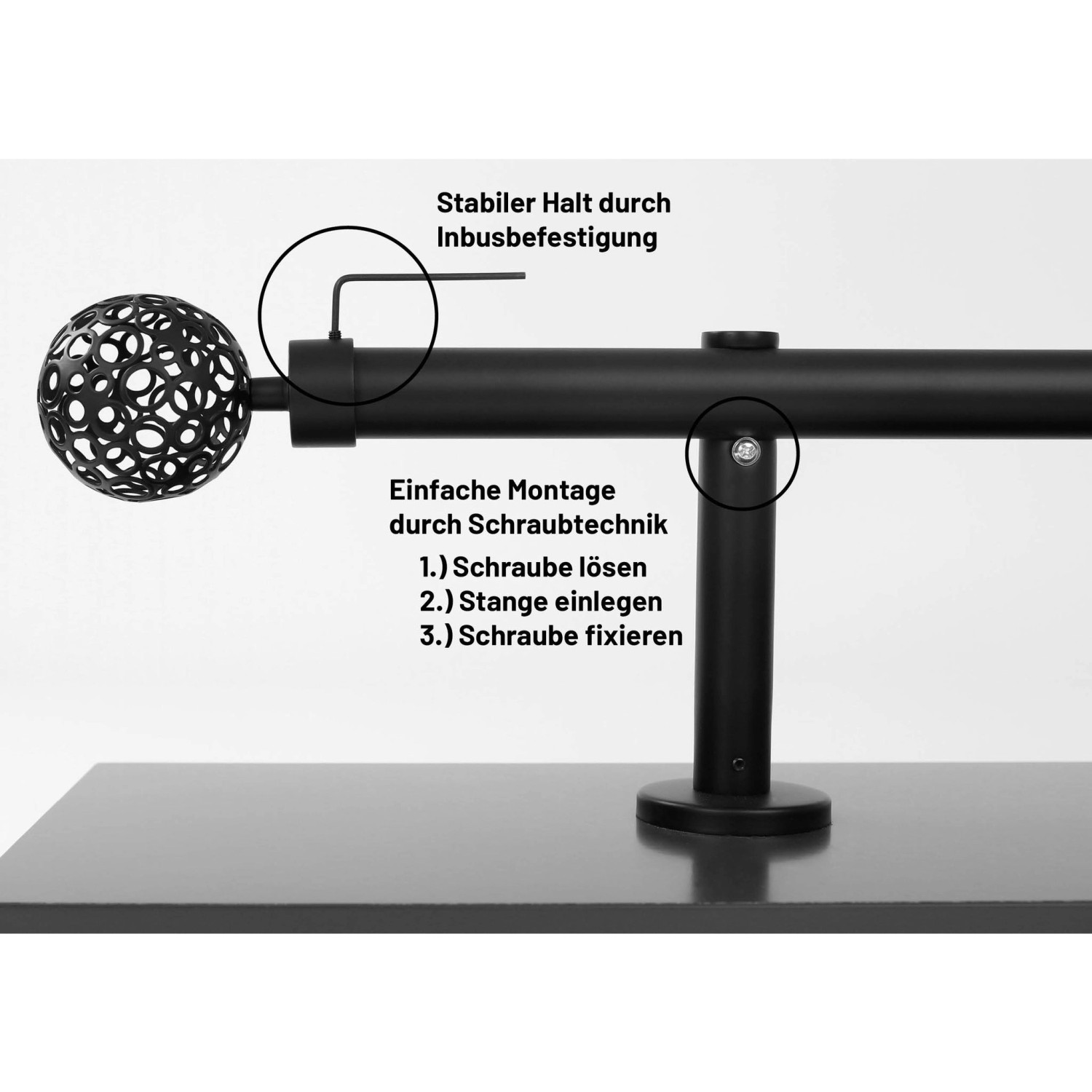 Schwarze Deco-Raum Gardinenstange mit Kugel-Endstück, Detailaufnahme Montage und Inbusbefestigung.