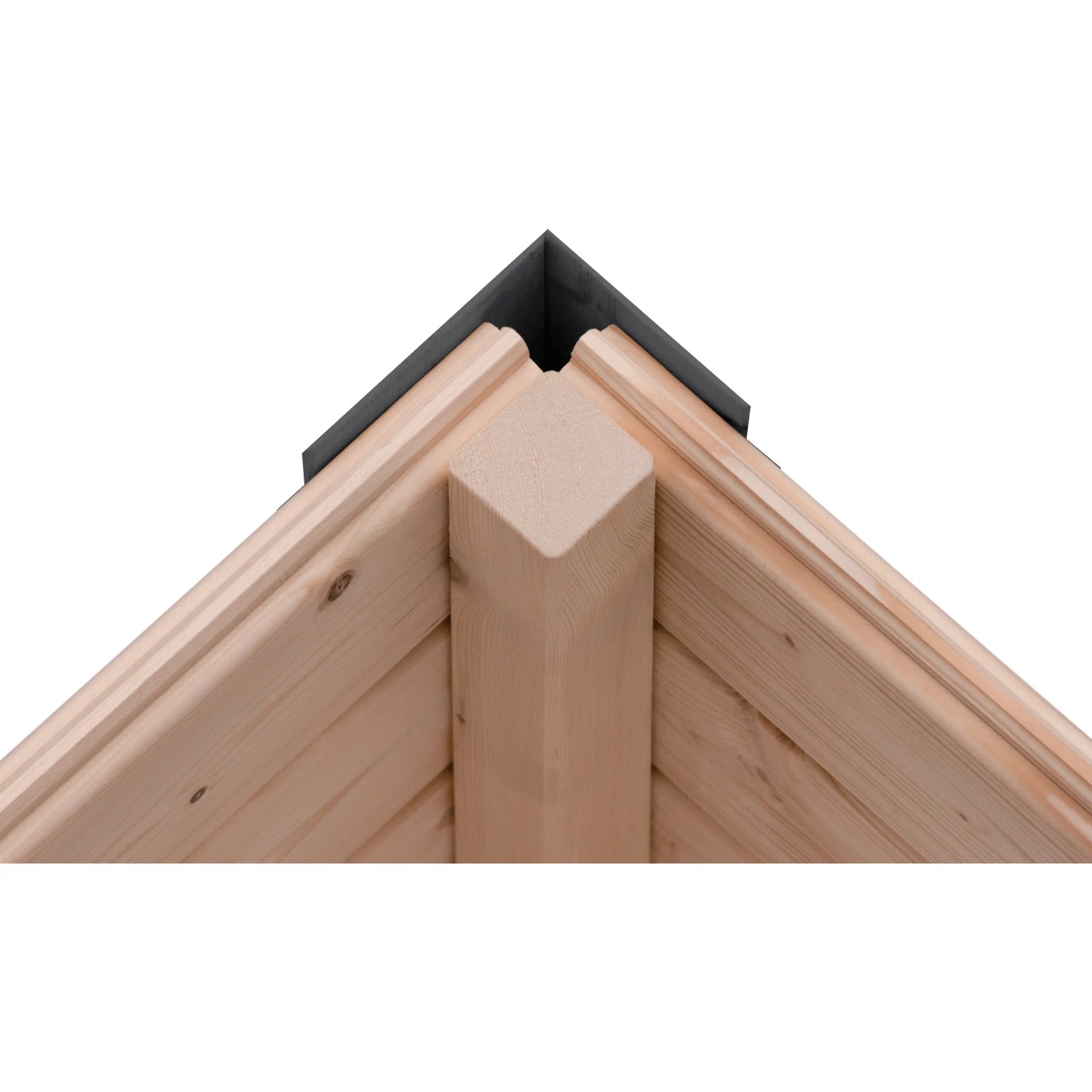 Detailaufnahme: Ecke Karibu Gartenhaus Domingo, Holz mit Stahlelementen.
