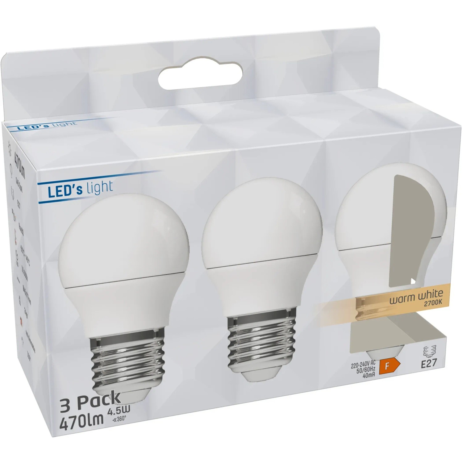 3er-Set E27 LED-Leuchtmittel Globe G45, 4,9W, warmweiß, in Verpackung.