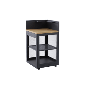 Anthrazitfarbener MWH O88 Eckschrank für Outdoorküche. Robuste Stahlkonstruktion mit Holzplatte und Gitterablagen.
