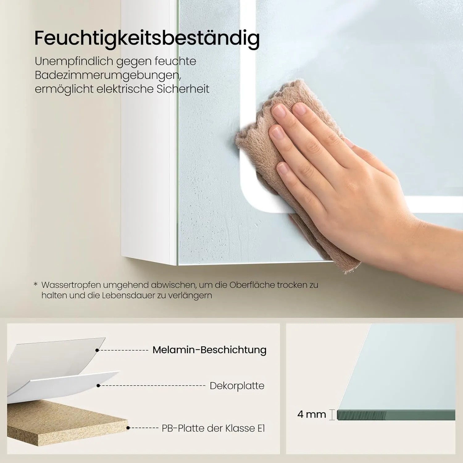 EUGAD Spiegelschrank: feuchtigkeitsbeständig, Melamin-Beschichtung, 4mm Spiegelglas. Robuster Badezimmerschrank.