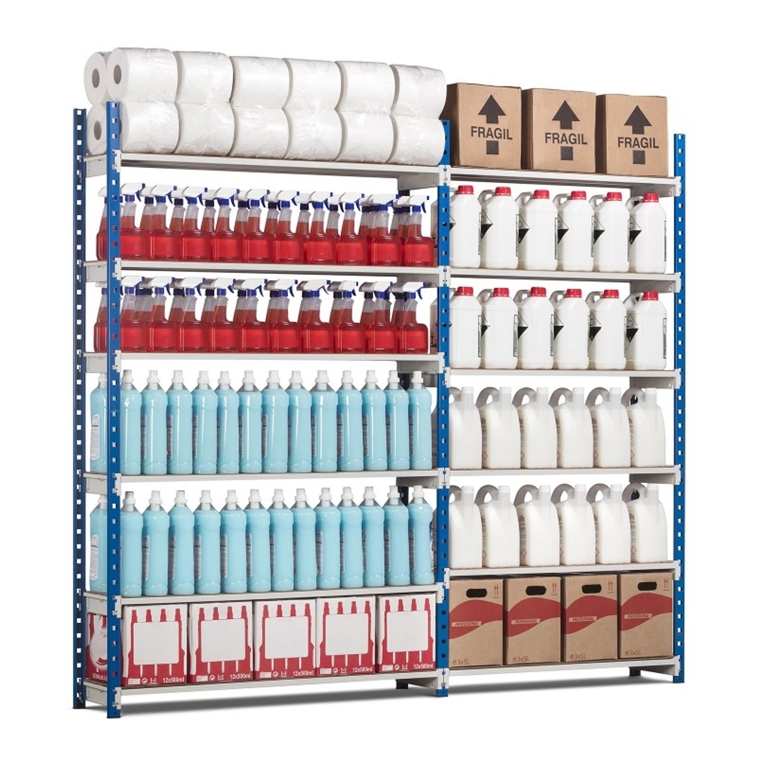 Beladenes PROREGAL Fachbodenregal Maximus Pro, blau-grau, mit sechs Ebenen und diversen Lagergütern.