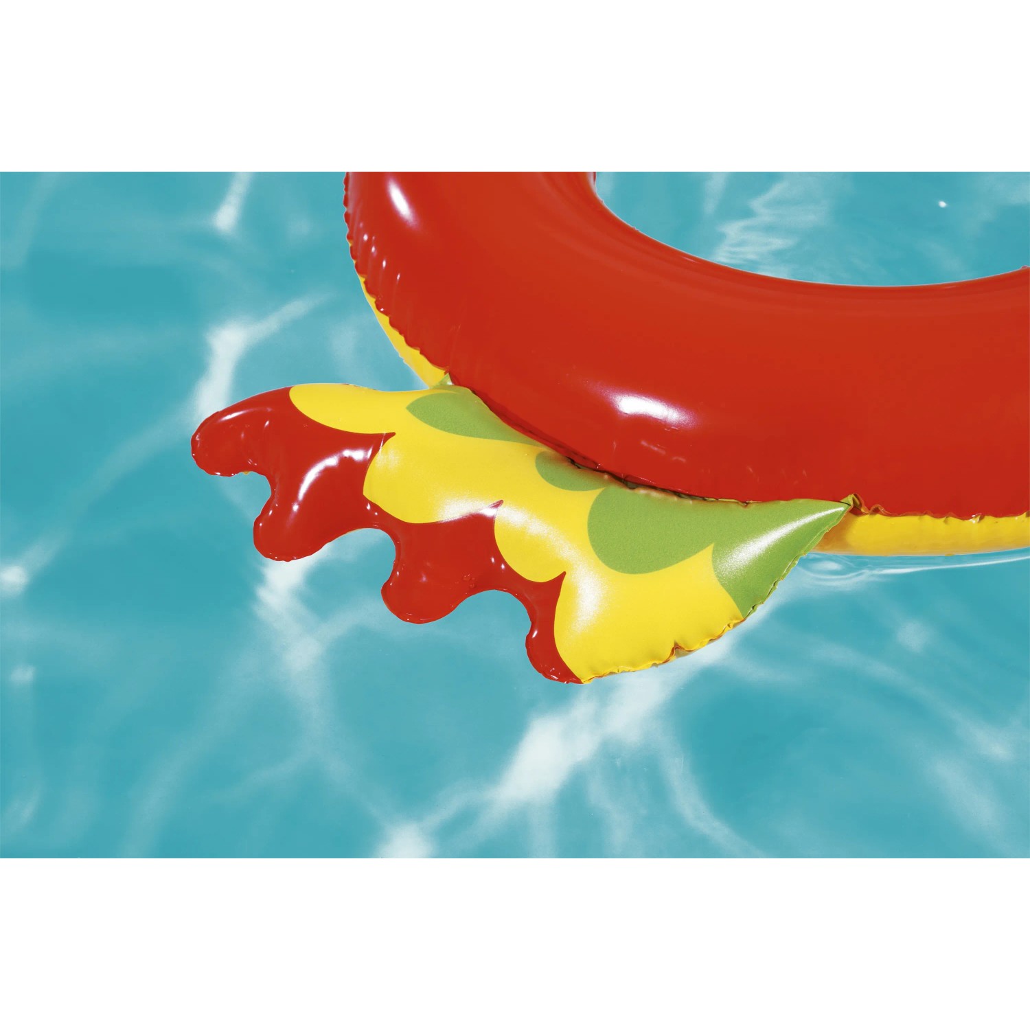 Bestway Schwimmring im Tierdesign, rot/gelb, im Wasser. Badespaß für Kinder.