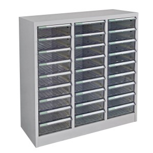 Lichtgrauer PROREGAL Schubladencontainer Kobra mit 27 transparenten Schubladen.