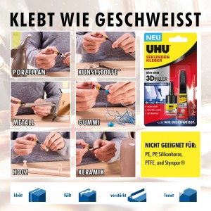 Uhu Sekundenkleber 3D Filler Set: Kleben von Porzellan, Kunststoff, Metall, Gummi, Holz und Keramik.