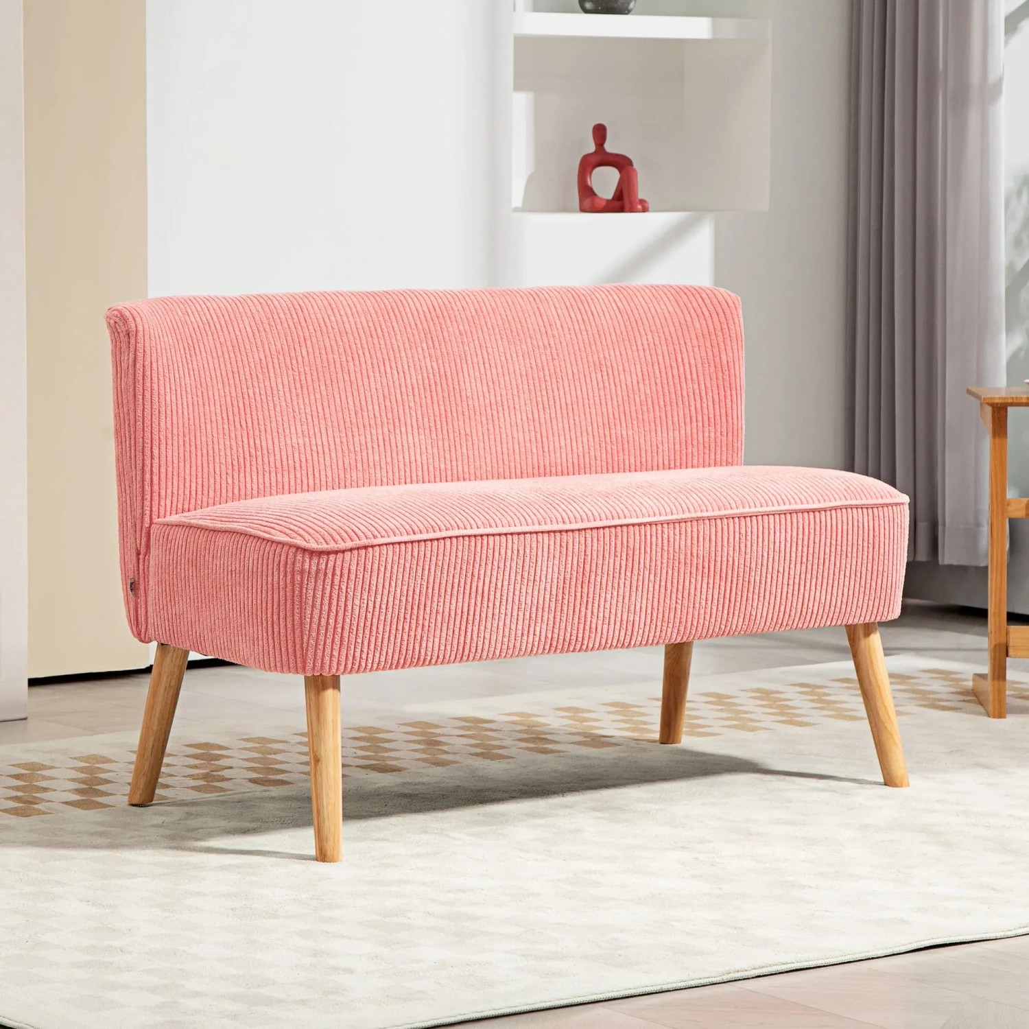 Rosa 2-Sitzer Sofa (117cm) von HOMCOM mit Holzfüßen für Wohnzimmer.