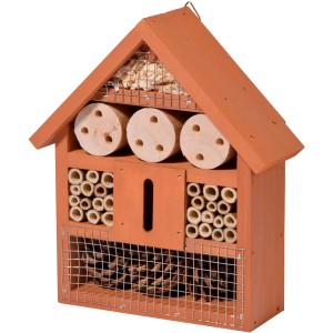 Orangefarbenes Dobar Insektenhotel aus FSC®-Holz, ca. 24x9x26 cm, mit Füllung für Nützlinge.
