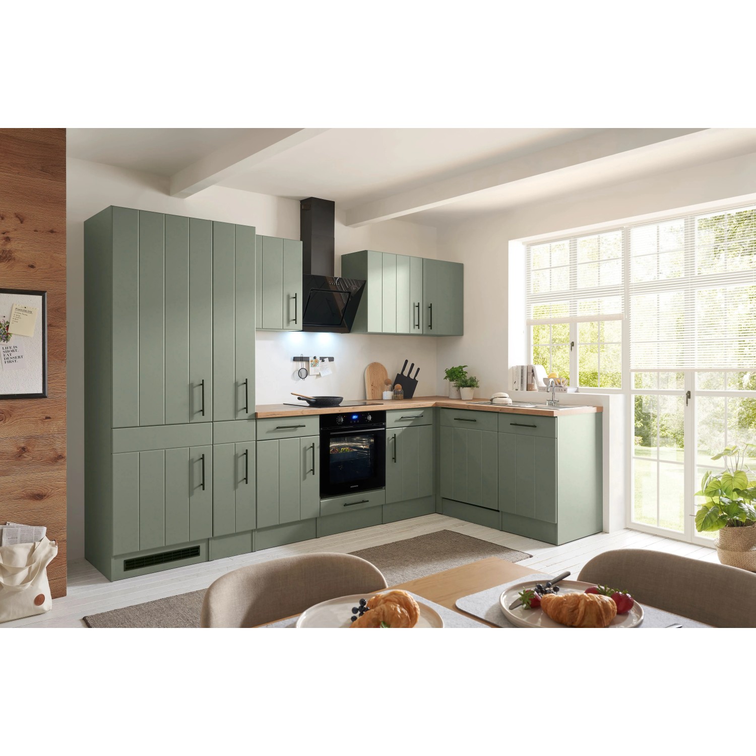 Respekta Winkelküche Anton Landhaus Schilfgrün 310 cm mit Induktionskochfeld