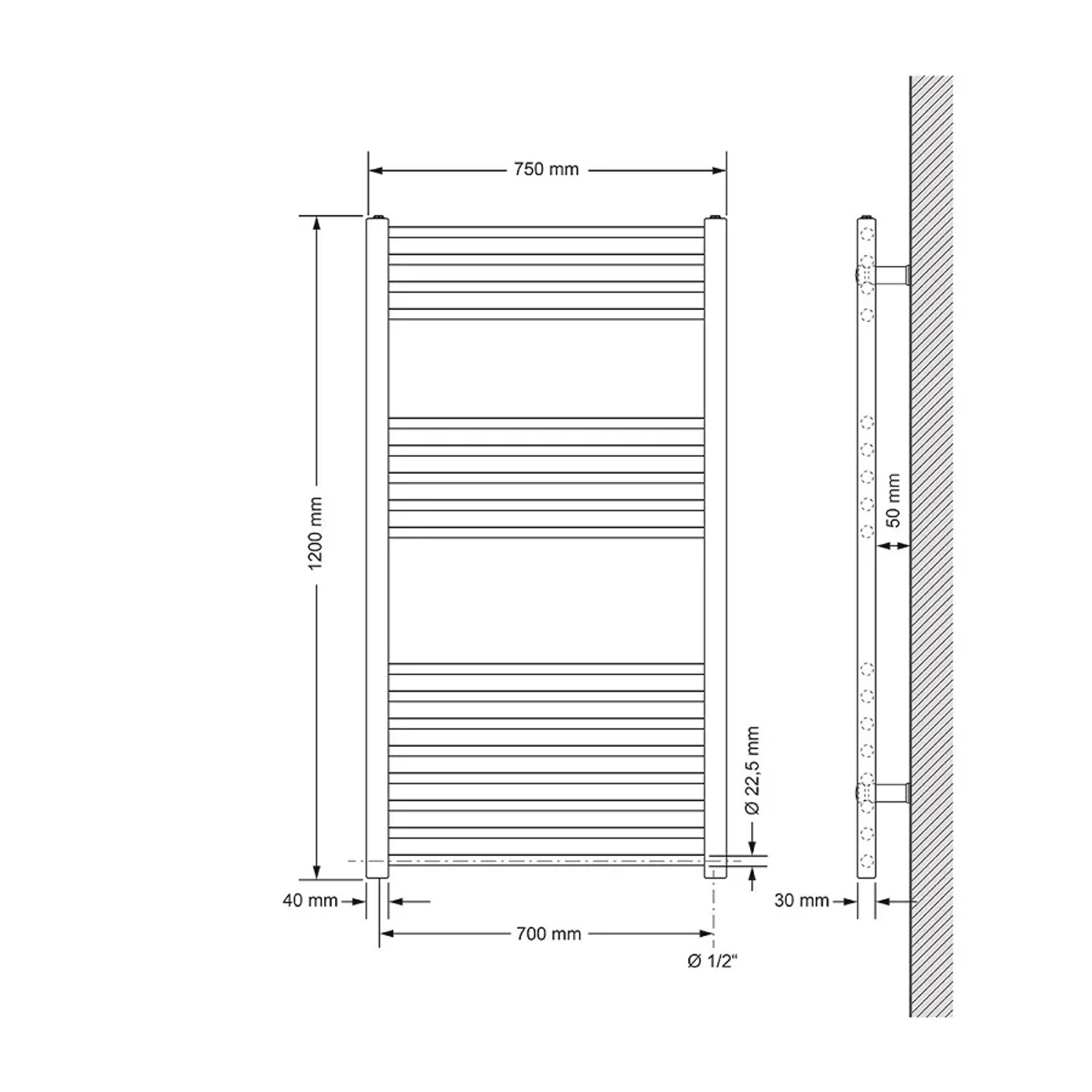 Technische Zeichnung: ECD Germany Badheizkörper, 750x1200mm, Anthrazit mit Heizstab. Maße und Details.