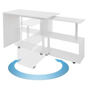 Drehbarer, weißer ML-Design Eckschreibtisch in L-Form (150x88x75 cm) mit Regalfächern.