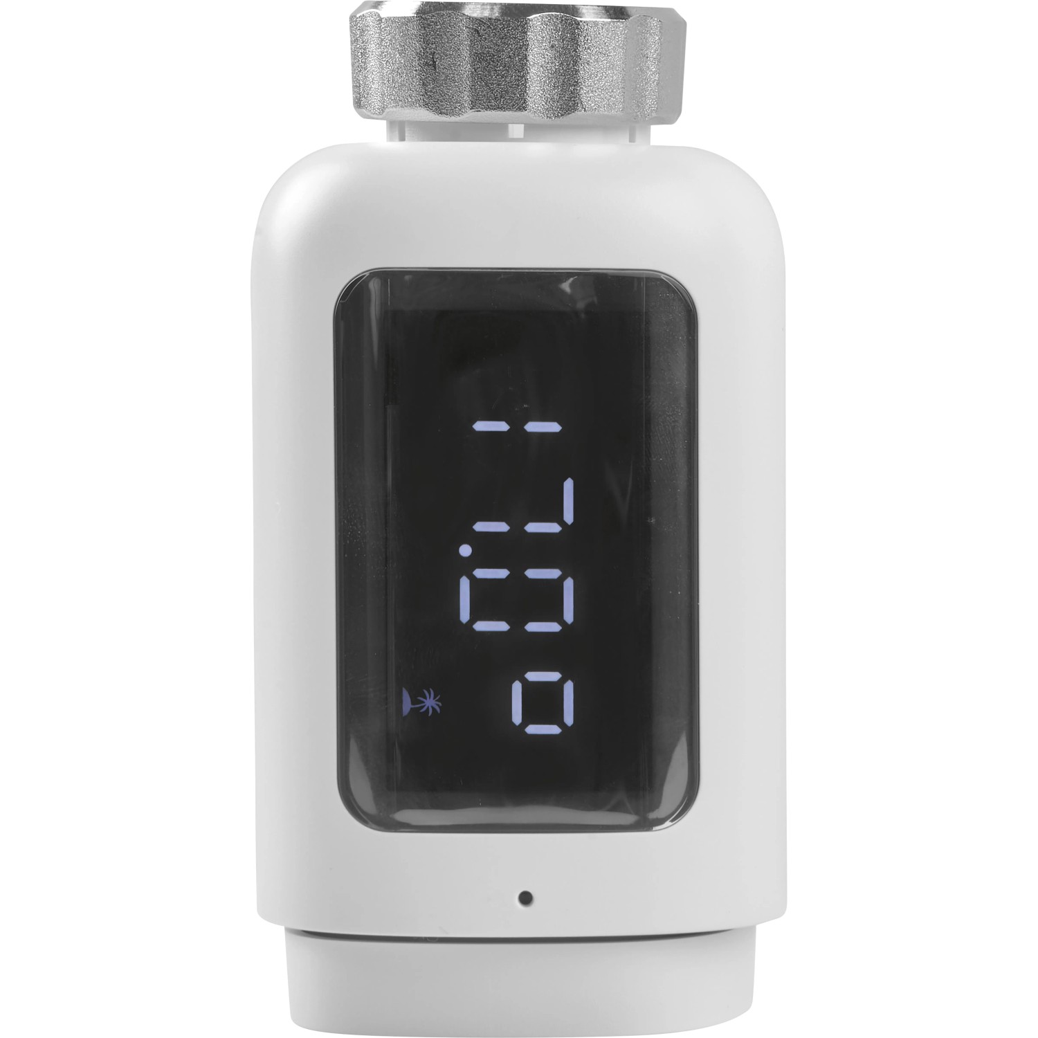 Elektrisches Thermostatventil HeimSync Bluetooth in Weiß mit Display für Heizungs-Installation.