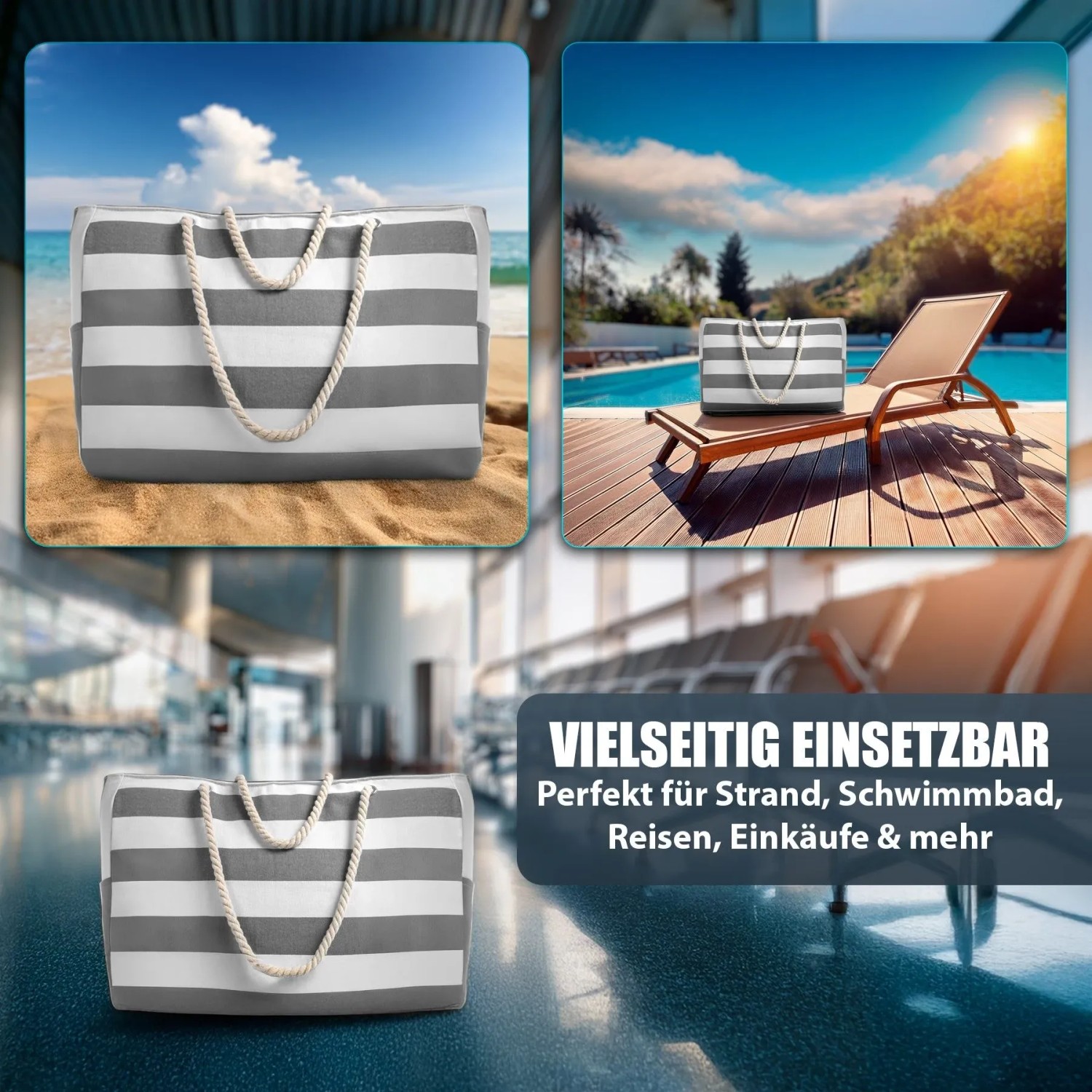 BigDean Strandtasche XXL große Badetasche mit Reißverschluss Schwimmbad Tasche Saunatasche Einkaufstasche Umhängetasche_9