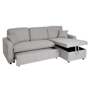 Graues MCW Ecksofa L17 mit Bettkasten und Schlaffunktion. Sofa in L-Form mit Stauraum und Kissen.