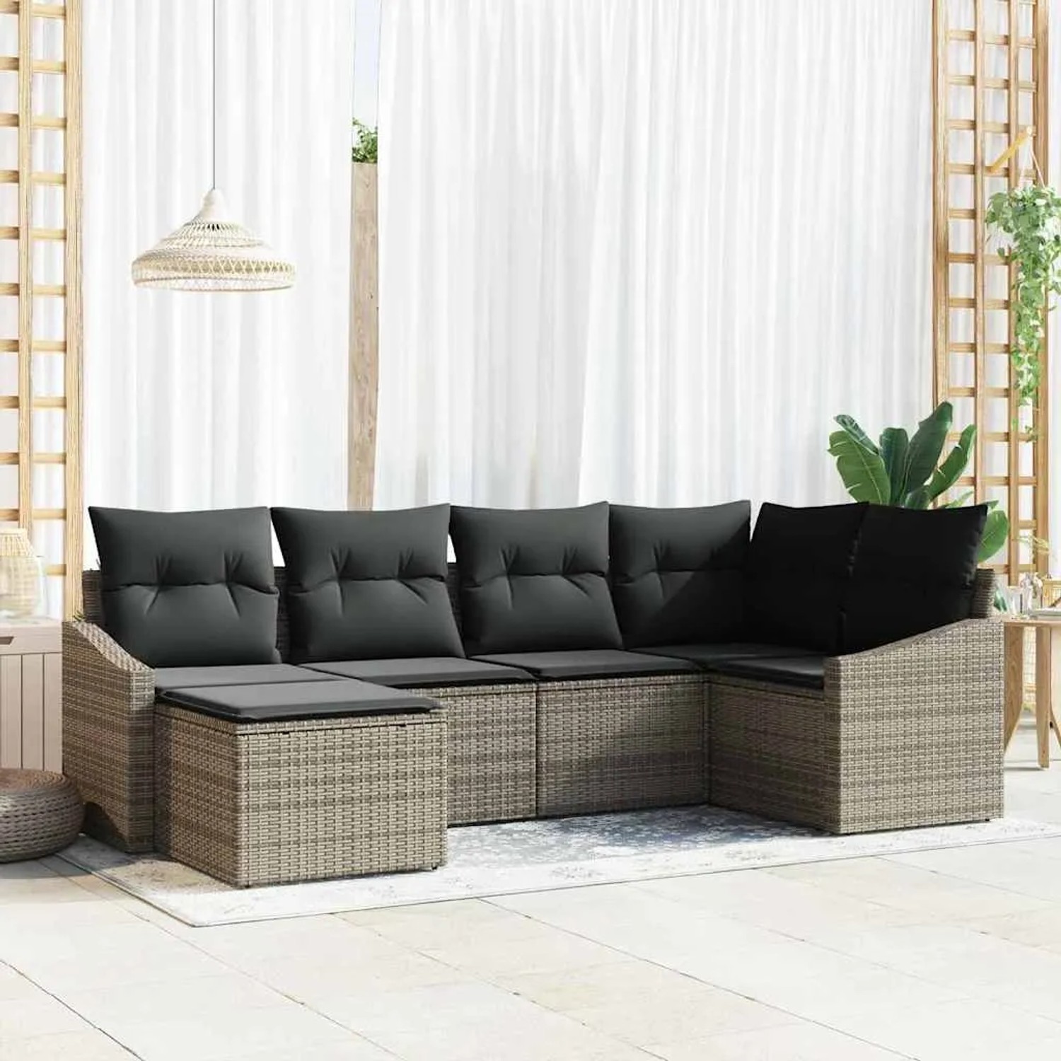 Graues 6-teiliges vidaXL Garten-Sofa-Set aus Poly Rattan für Terrasse und Garten.