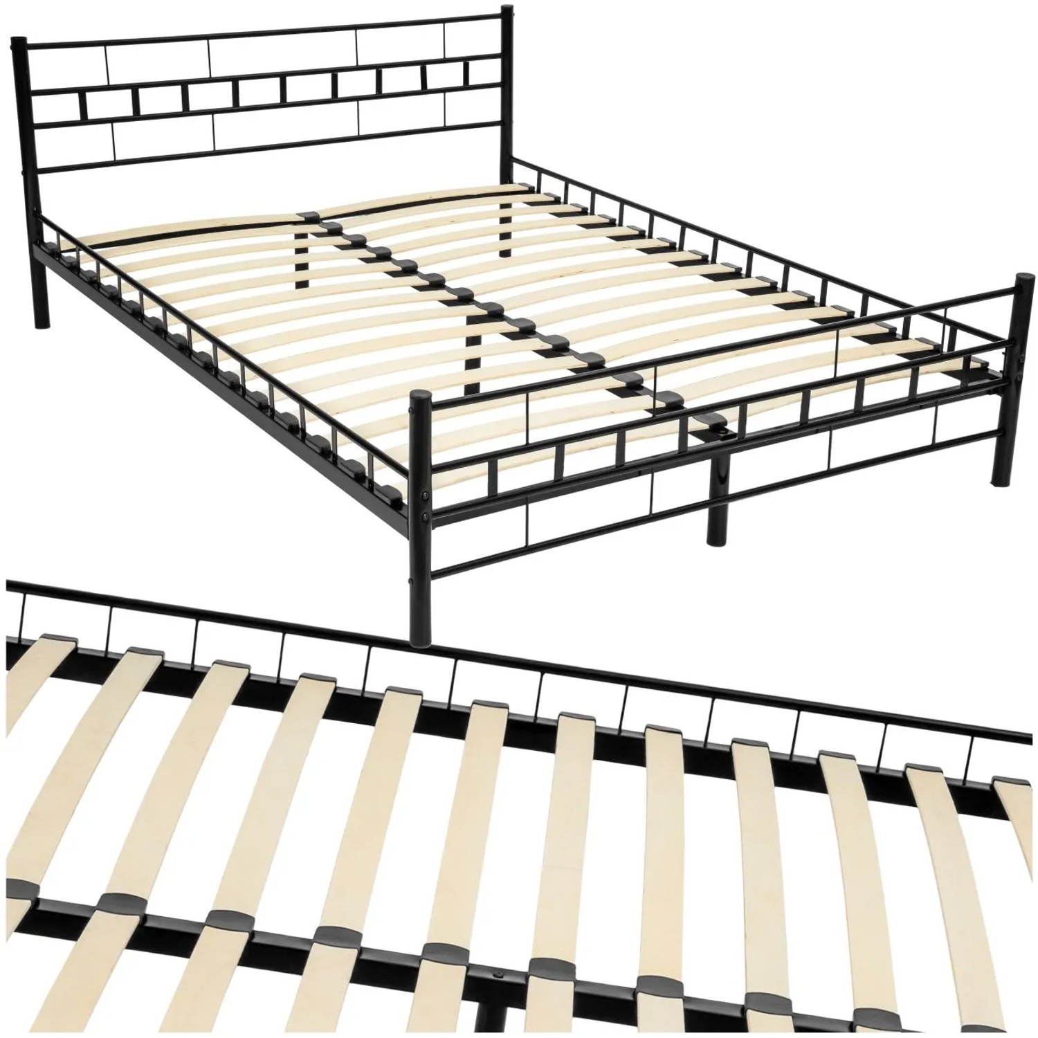 Tectake Metallbett Malta Robustes Stahlgestell Mit Holzlattenrost  203 x 147 x 76 cm Schwarz