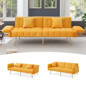 Merax Schlafsofa 2-Sitzer, gelber Velours, verstellbare Armlehnen, goldene Füße. Modernes Sofa für Wohnzimmer.
