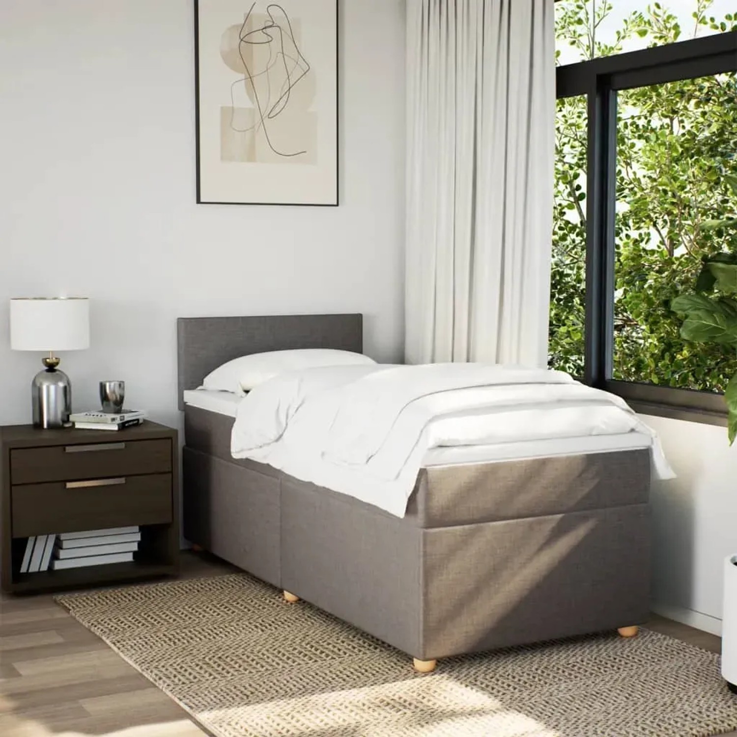 vidaXL Boxspringbett mit Matratze, taupefarbener Stoff, 80x200 cm. Bett mit Nachttisch im Schlafzimmer.