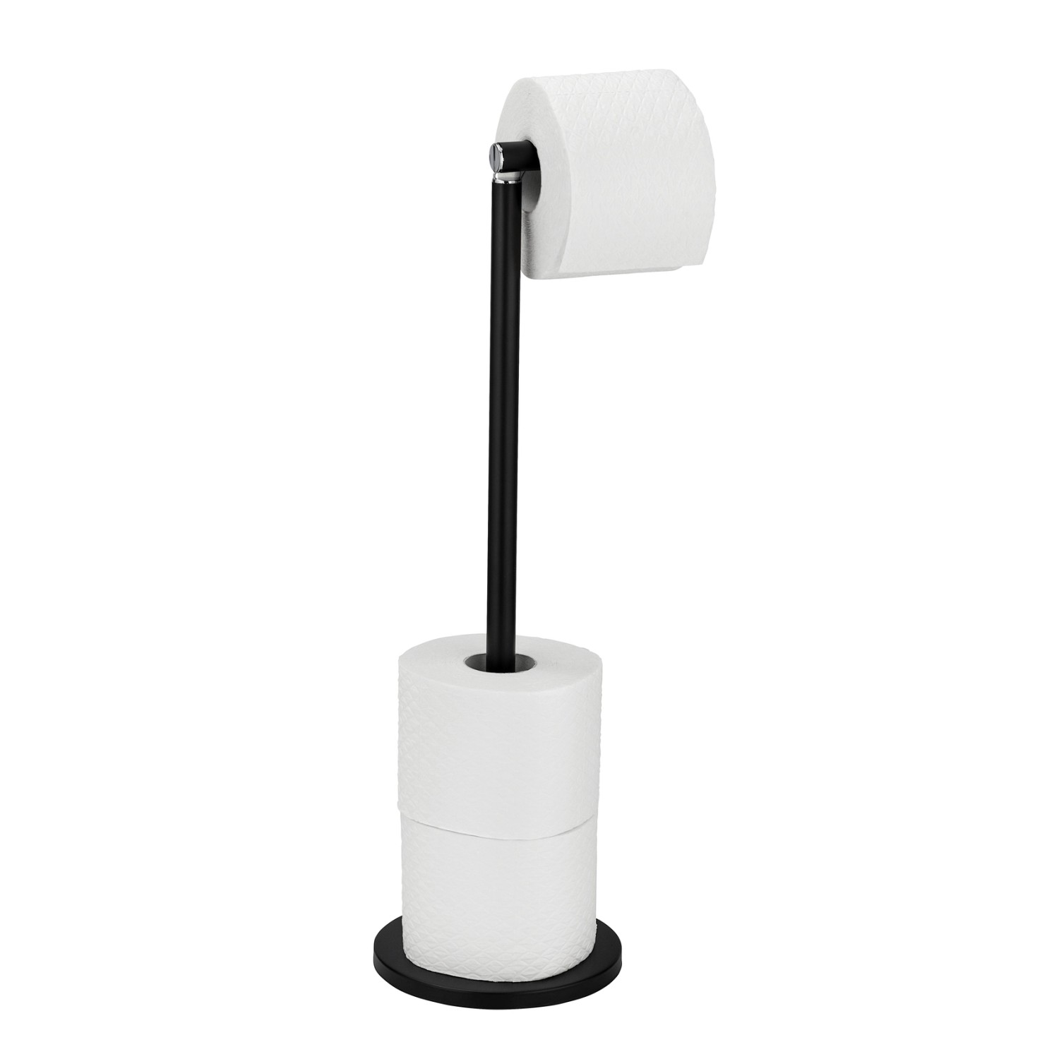 WENKO Stand Toilettenpapierhalter Schwarz mit Papierrollen, minimalistisches Design.